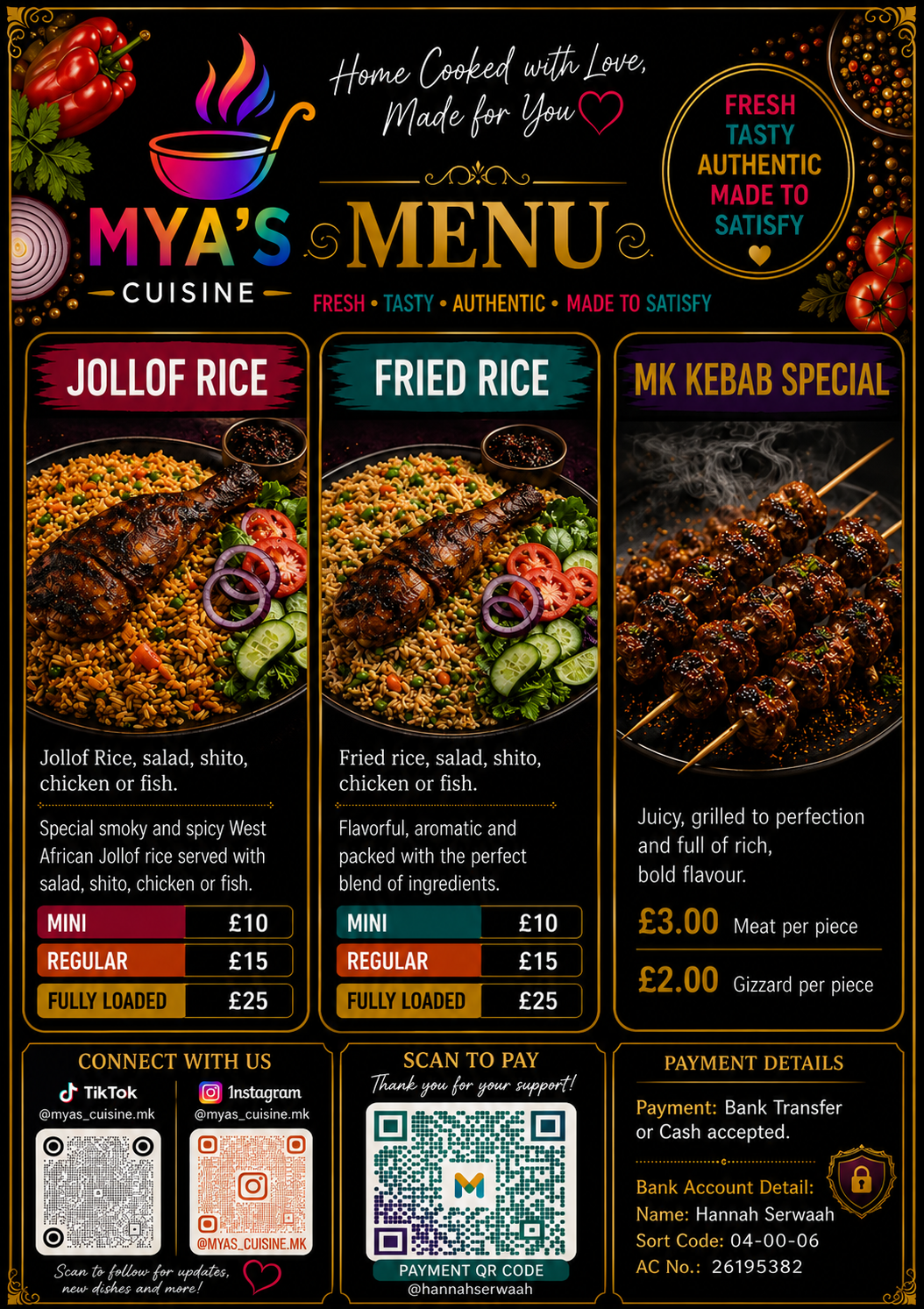 Mya’s Cuisine Food Menu