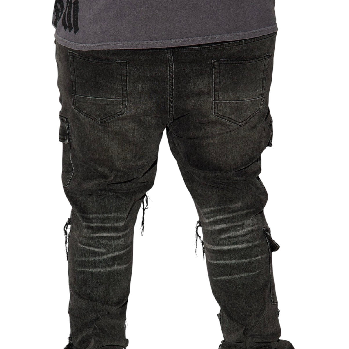 Side Snap Cargo Stacked Skinny Flare Jeans Black Wash