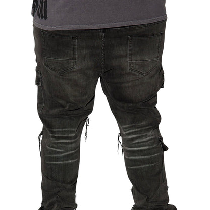 Side Snap Cargo Stacked Skinny Flare Jeans Black Wash
