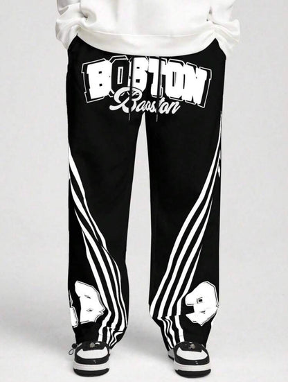 ROMWE MEN Prep Casual Letter Print Pocket Pants