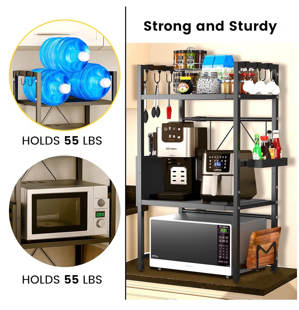 Expandable 3 Tier Microwave Shelf - 2 Shelves Microwave Stand For Kitchen Counter - Rack for Air fryer,Toaster and Coffee Machine - Kitchen Organiser Storage & Organisation