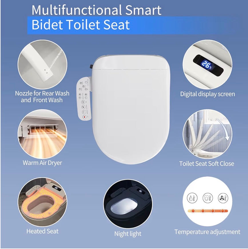 HOROW Smart Electronic Bidet Seat - Heated Toilet Seat with Temperature Control, Built-in Dryer & Night Light, with Water Filter, Soft Close & Removable Self-Cleaning Nozzle
