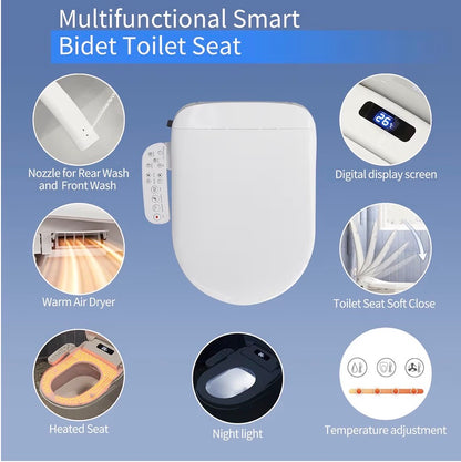 HOROW Smart Electronic Bidet Seat - Heated Toilet Seat with Temperature Control, Built-in Dryer & Night Light, with Water Filter, Soft Close & Removable Self-Cleaning Nozzle