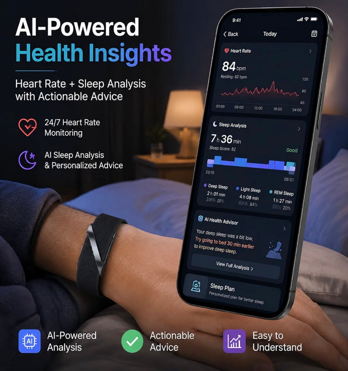 Health Fitness Tracker Smart Band AI Sleep Heart Rate Monitor