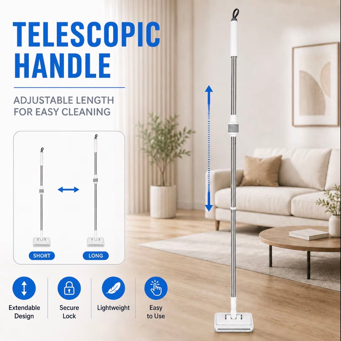 SOPAMI Extendable Telescopic Flat Clip Mop 360° Swivel