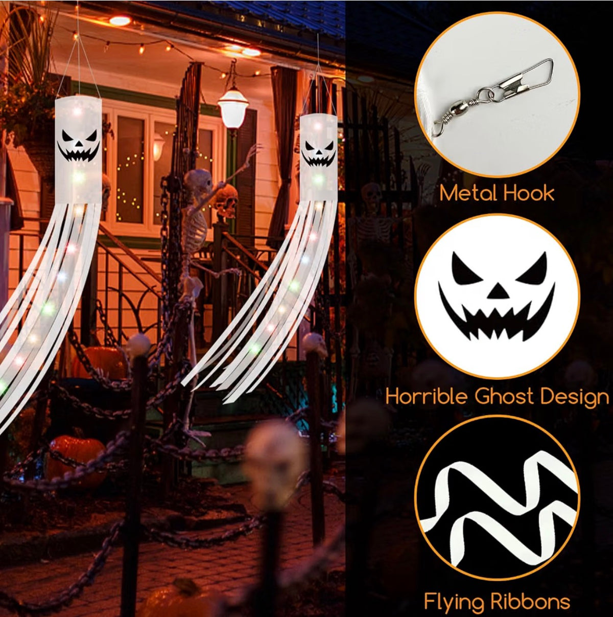 Jsdoin Halloween Ghost Windsocks 2 Pack with Colourful LED Lights | Minja Superstore