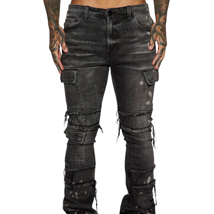 Side Snap Cargo Stacked Skinny Flare Jeans Black Wash