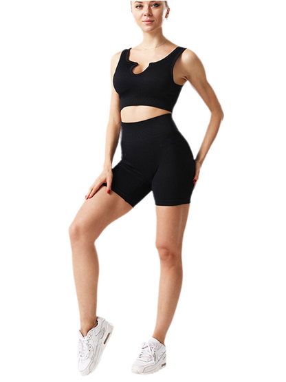 2-Piece Seamless Ribbed Workout Set – Crop Tank & High-Waisted Shorts