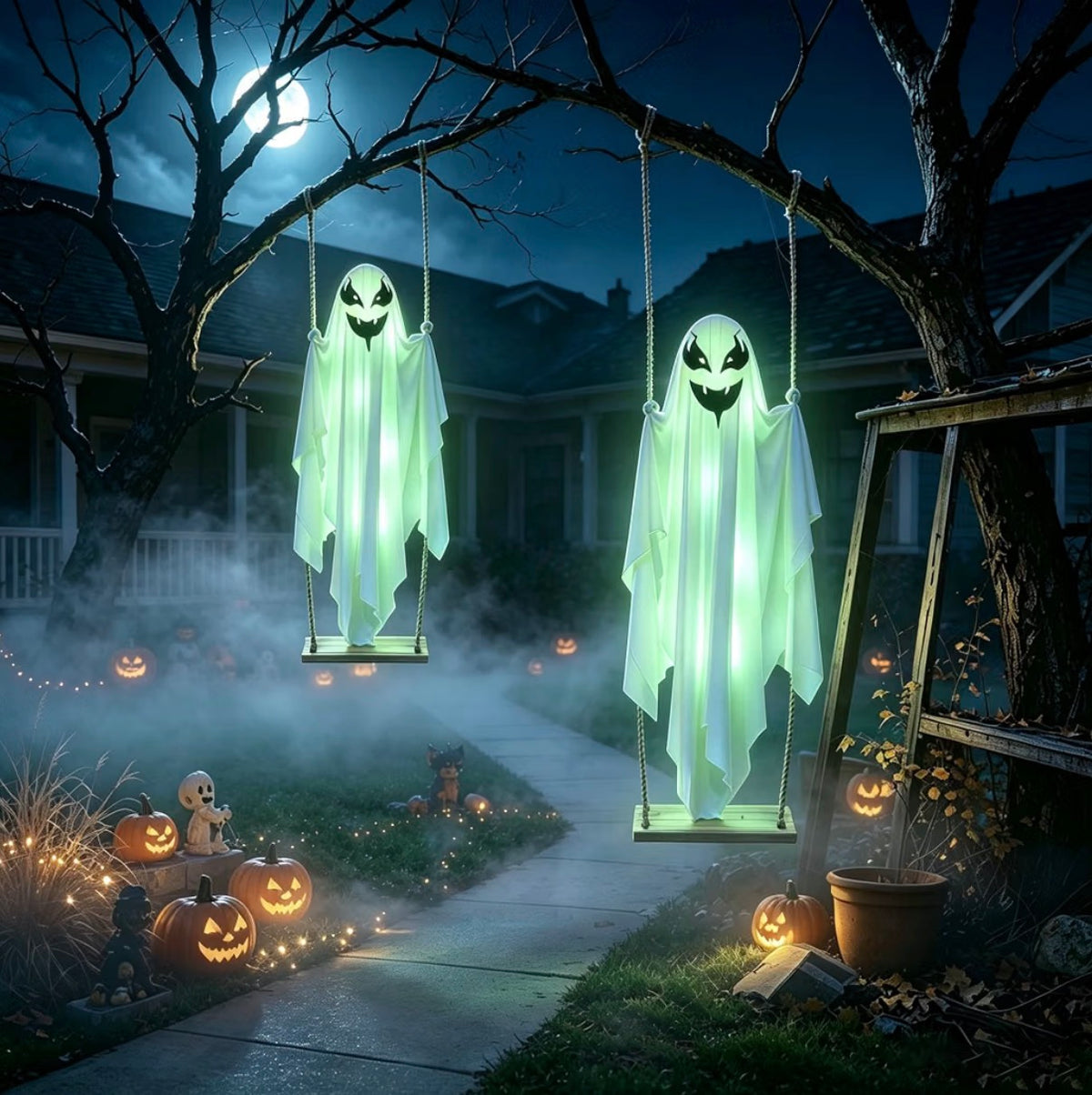 SNZ Halloween Ghost Swing Decorations – 2-Pack LED Ghosts with Timer | Minja Superstore