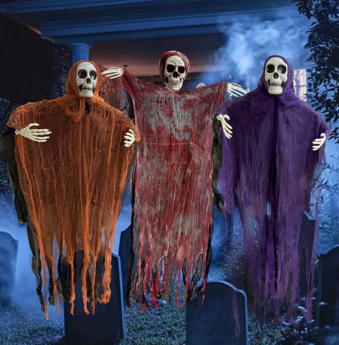 3-Pack Hanging Halloween Ghost Decorations | Bloody Gauze Skeleton Props