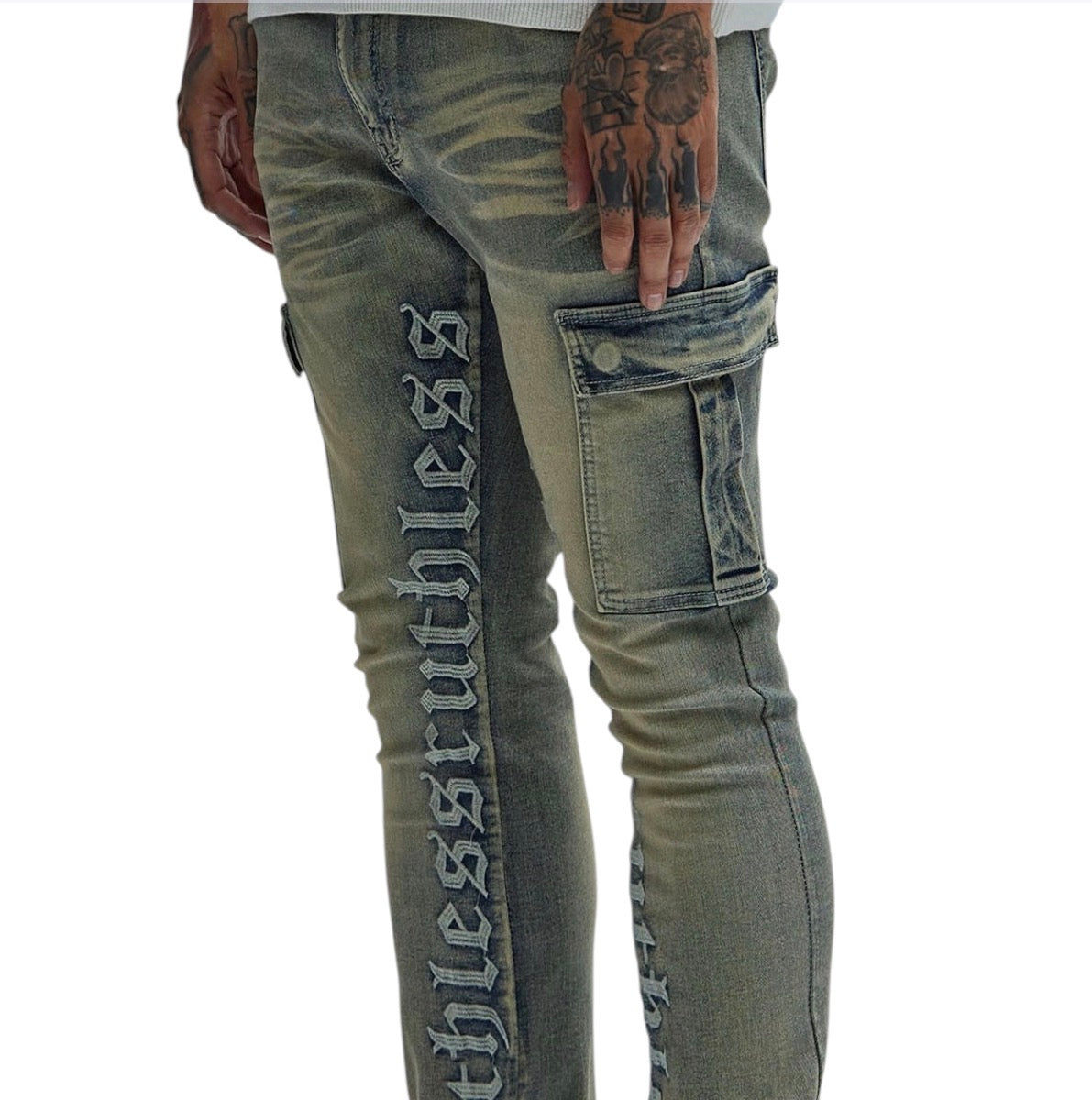 Ruthless Embroidered Stacked Skinny Cargo Flare Jeans Medium Wash