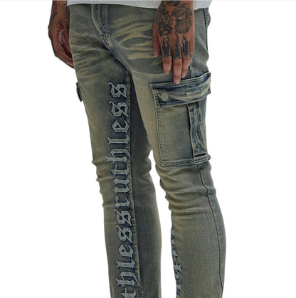 Ruthless Embroidered Stacked Skinny Cargo Flare Jeans Medium Wash