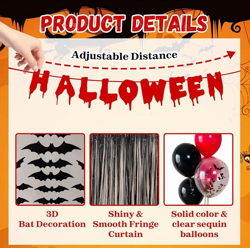 Halloween Party Decorations Set – Banner, Balloons & Black Fringe Backdrop | Minja Superstore