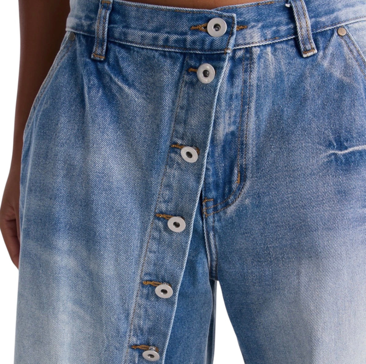Downtown Asymmetrical Button Fly Overlay Jeans Light Wash