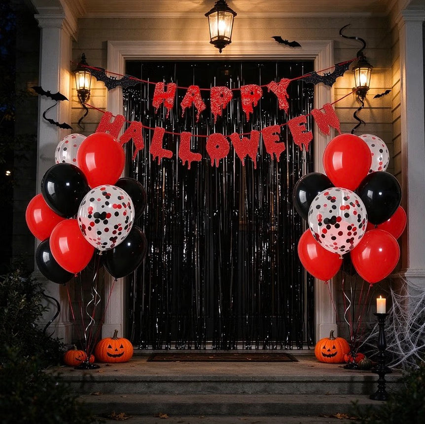 Halloween Party Decorations Set – Banner, Balloons & Black Fringe Backdrop | Minja Superstore