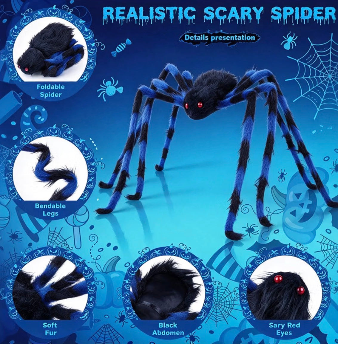 GAOHUI 60-Inch Giant Halloween Spider – Blue & Black, 150cm