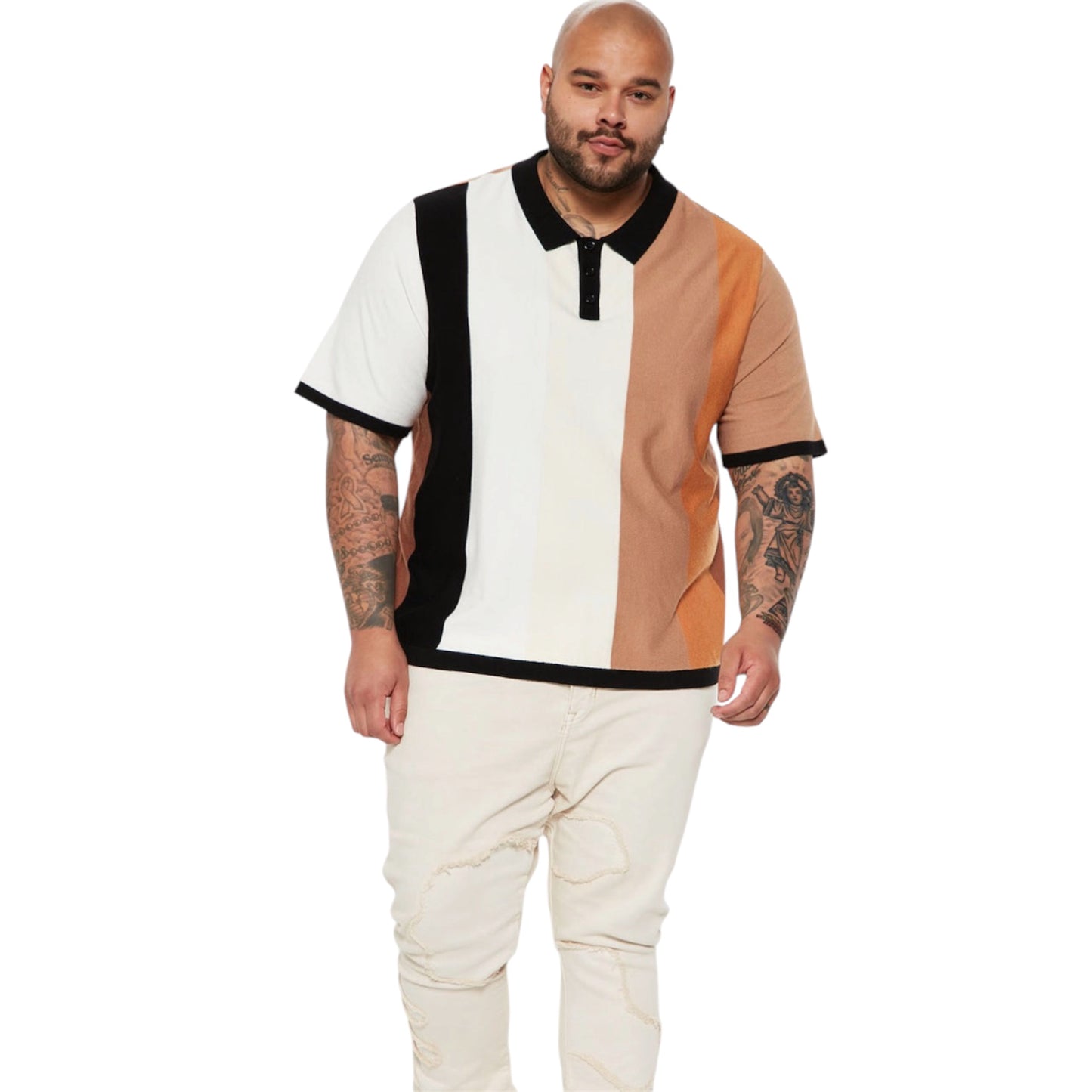 Levels Striped Short Sleeve Knit Polo Brown Combo