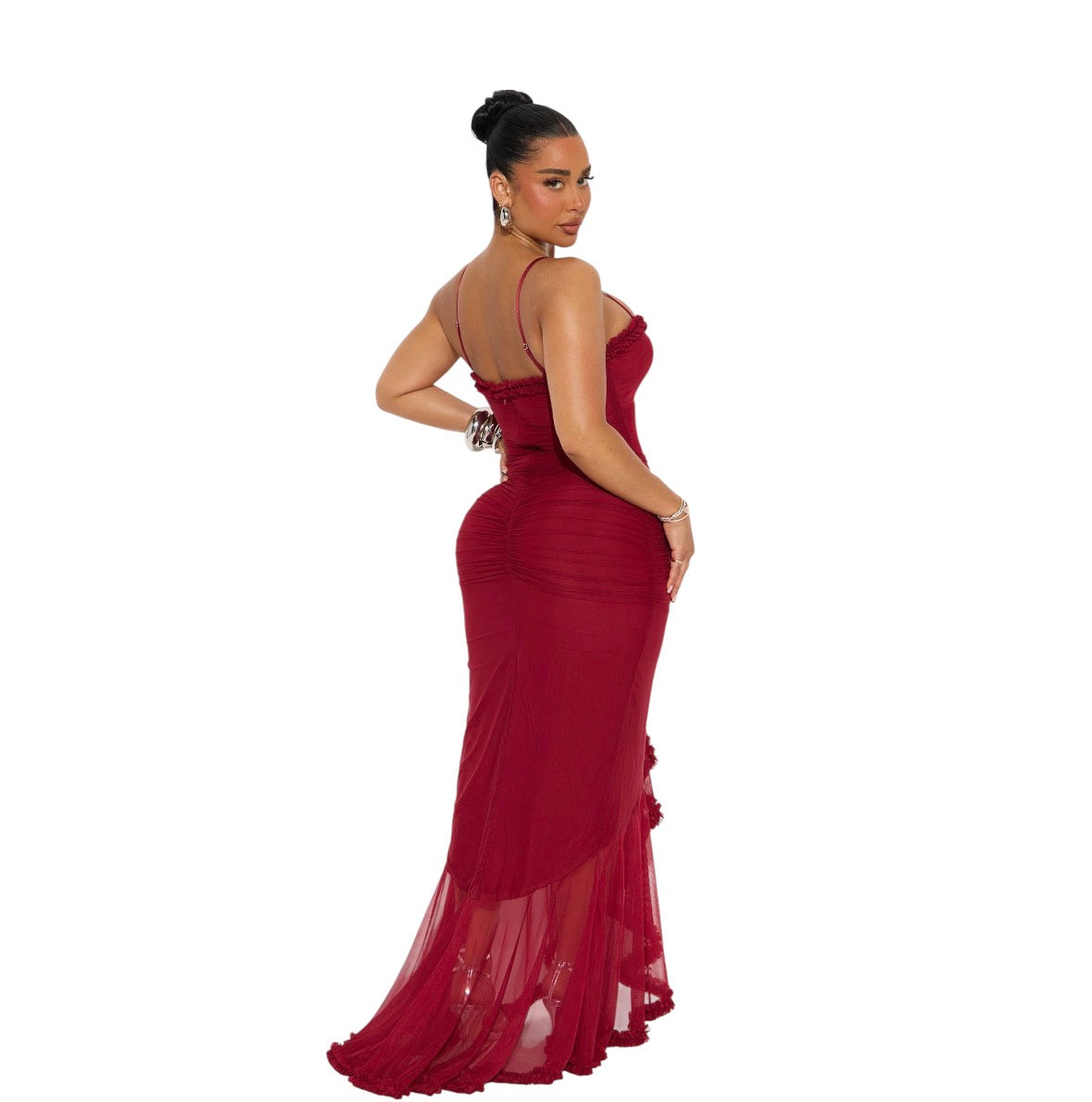 Danika Ruched Mesh Maxi Dress Wine