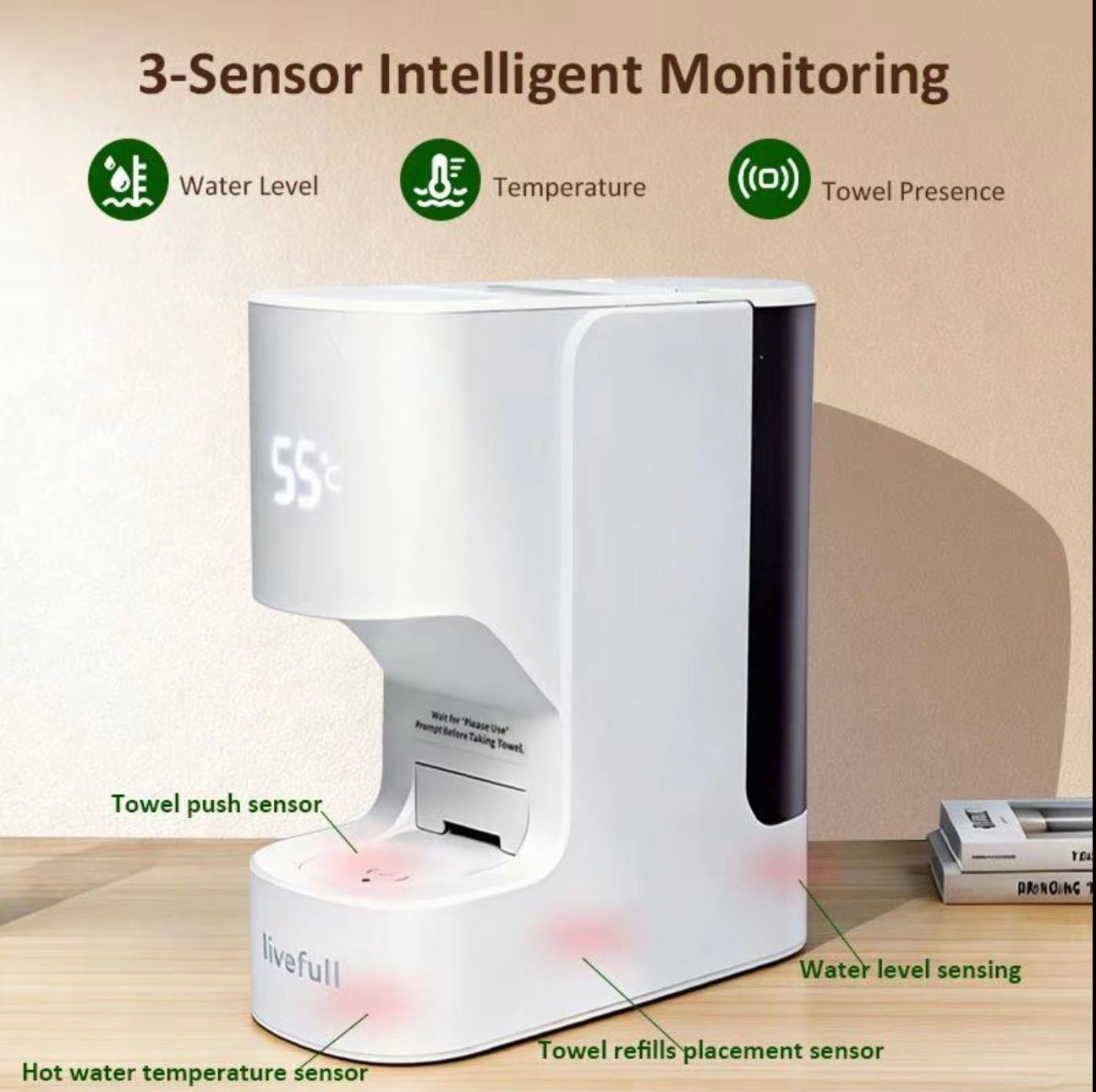 Livefull Smart Hot Face Towel Heater Machine CL01, 5s Fast Heating & 55°C Constant Temperature, Auto Dispensing Towel Warmer with Smart Voice Alerts, Includes 20 Compressed Towels, Luxury Home Spa