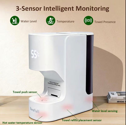 Livefull Smart Hot Face Towel Heater Machine CL01, 5s Fast Heating & 55°C Constant Temperature, Auto Dispensing Towel Warmer with Smart Voice Alerts, Includes 20 Compressed Towels, Luxury Home Spa