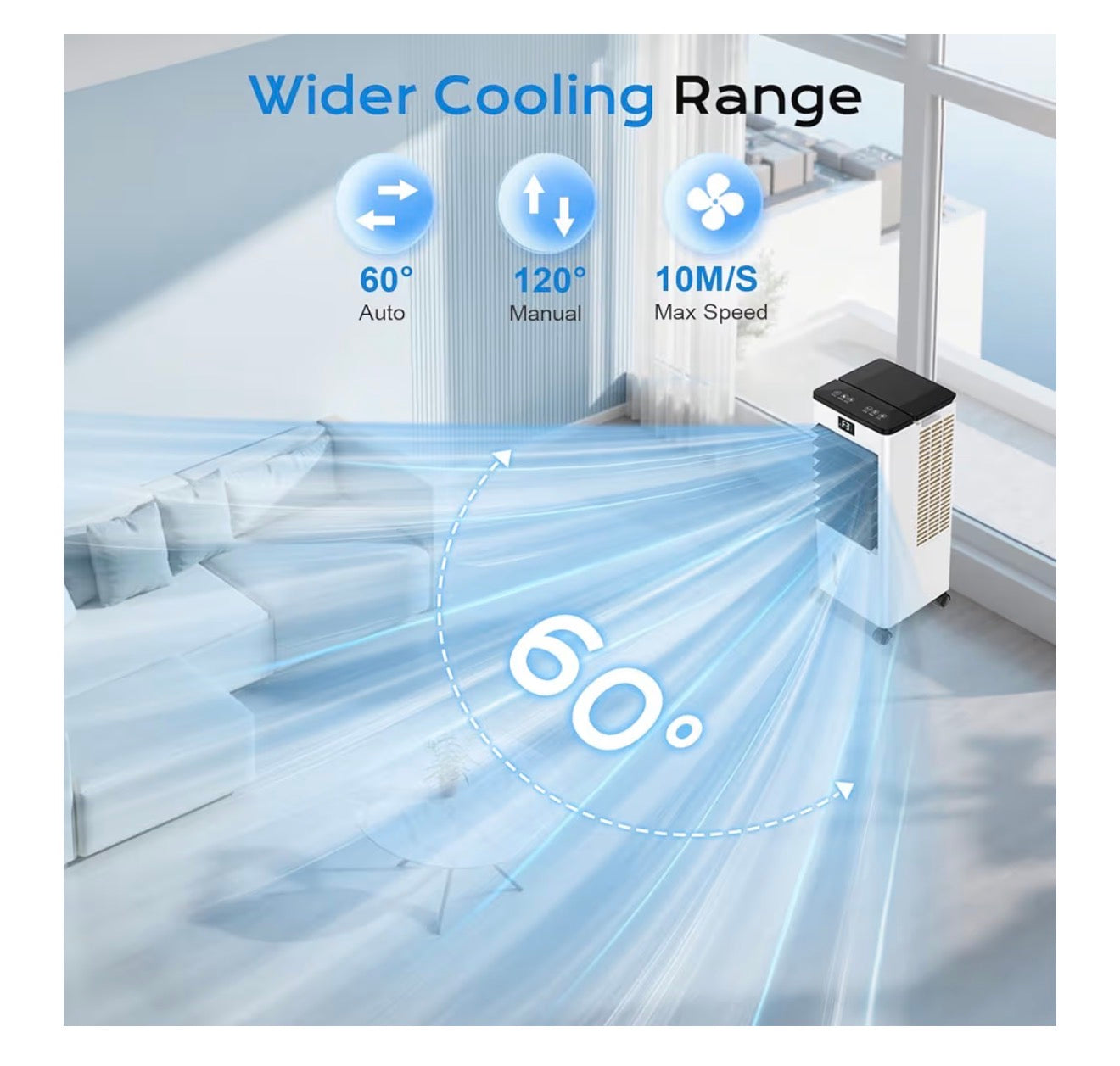 Mobile Air Conditioners, 60W Evaporative Air Cooler, LED Display 10M/S 3 Modes 8L Tank 12H Timer 60°/120° Oscillation Low Noise, Touch/Remote Control 4 Ice Box Air Conditioner Unit for Home Bedroom