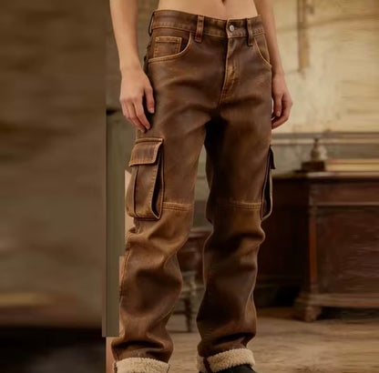 Vintage Brown Cargo Pants Men Retro Casual Outdoor Pants 2026 Winter Multi-Pocket Velvet Warm PU Leather Straight Leg Pants Men