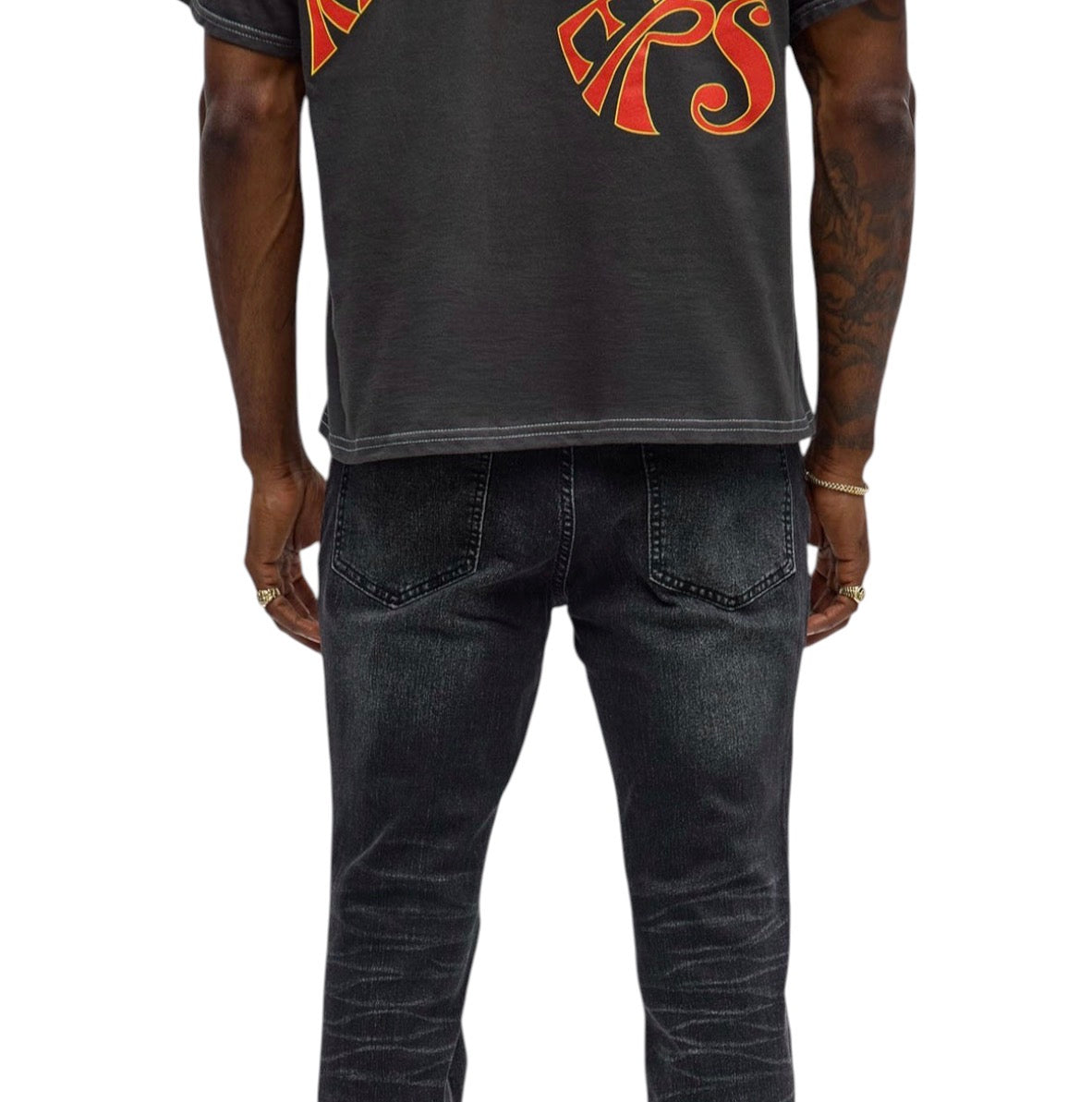 Stacked Skinny Flare Slit Let’s Go Distressed Jeans Black Wash