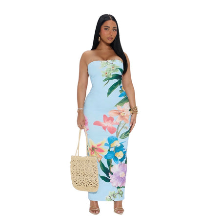 Pretty Petals Tube Maxi Dress Blue Combo