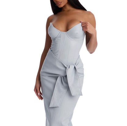Siren Faux Leather Midi Dress Light Blue