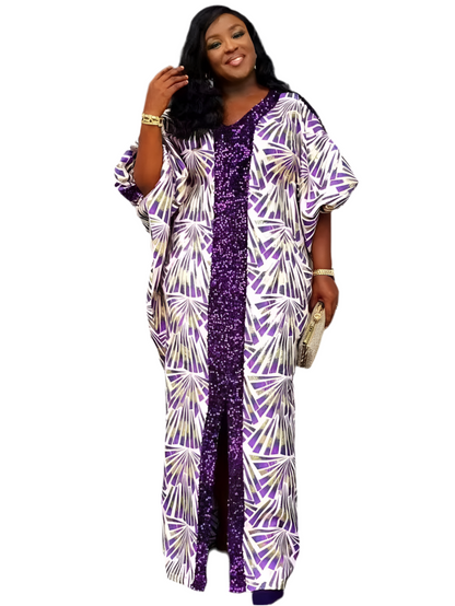 Plus Size African Dashiki Ankara Sequin Kaftan – Elegant Maxi Dress for Weddings & Special Occasions