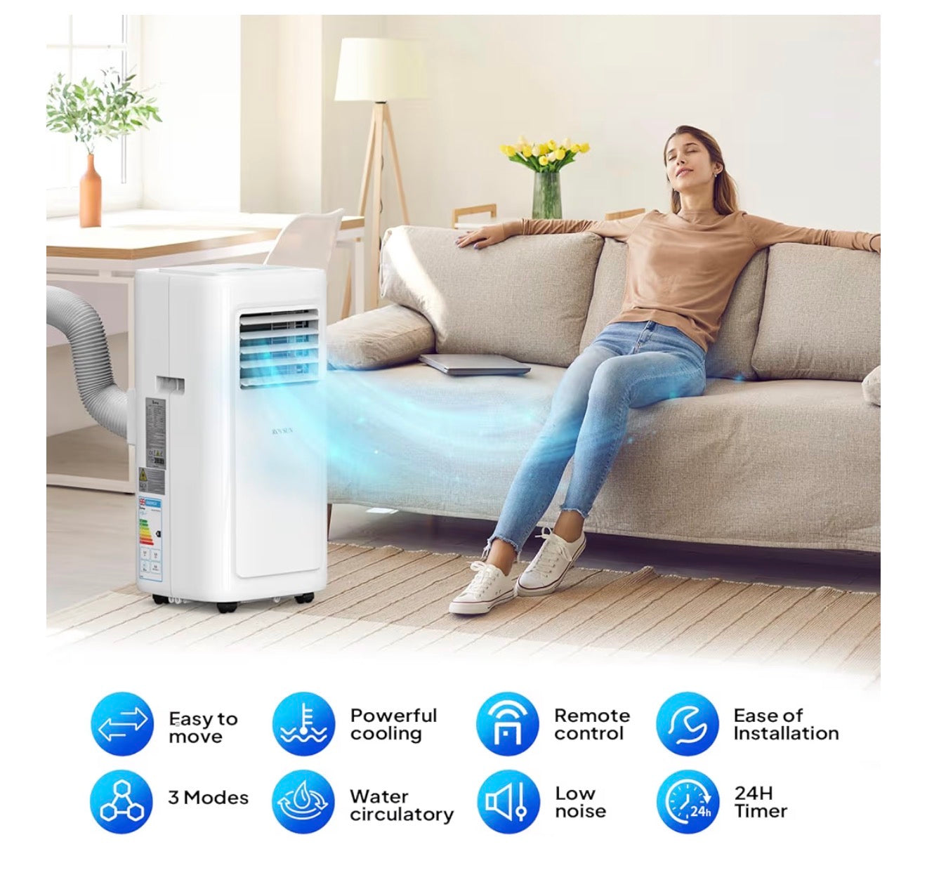 ROVSUN 8000BTU Portable Air Conditioner, 4-in-1 Air Conditioning Unit, Fan, Dehumidifier & Sleep Mode with 2 Speeds. LED Display and Remote Control, with Built-in 24H Timer, Window kit, for home