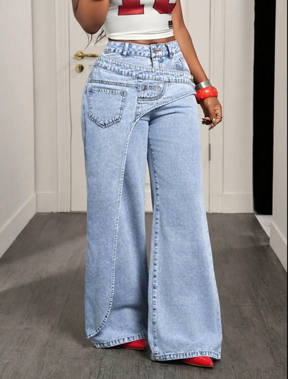 Women’s Casual Loose Fit Denim Long Pants Asymmetrical Design