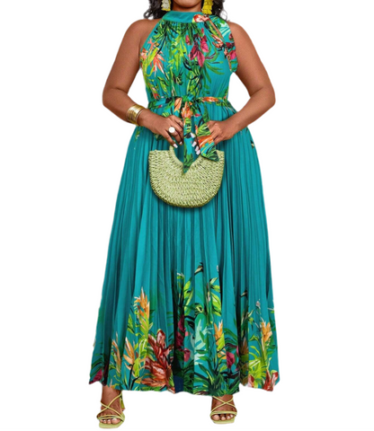 Plus Size Tropical Print Halter Maxi Dress – Perfect for Vacation