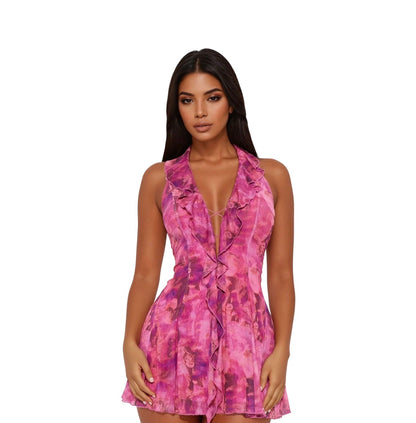 Tuscany Mesh Halter Mini Dress Pink Combo