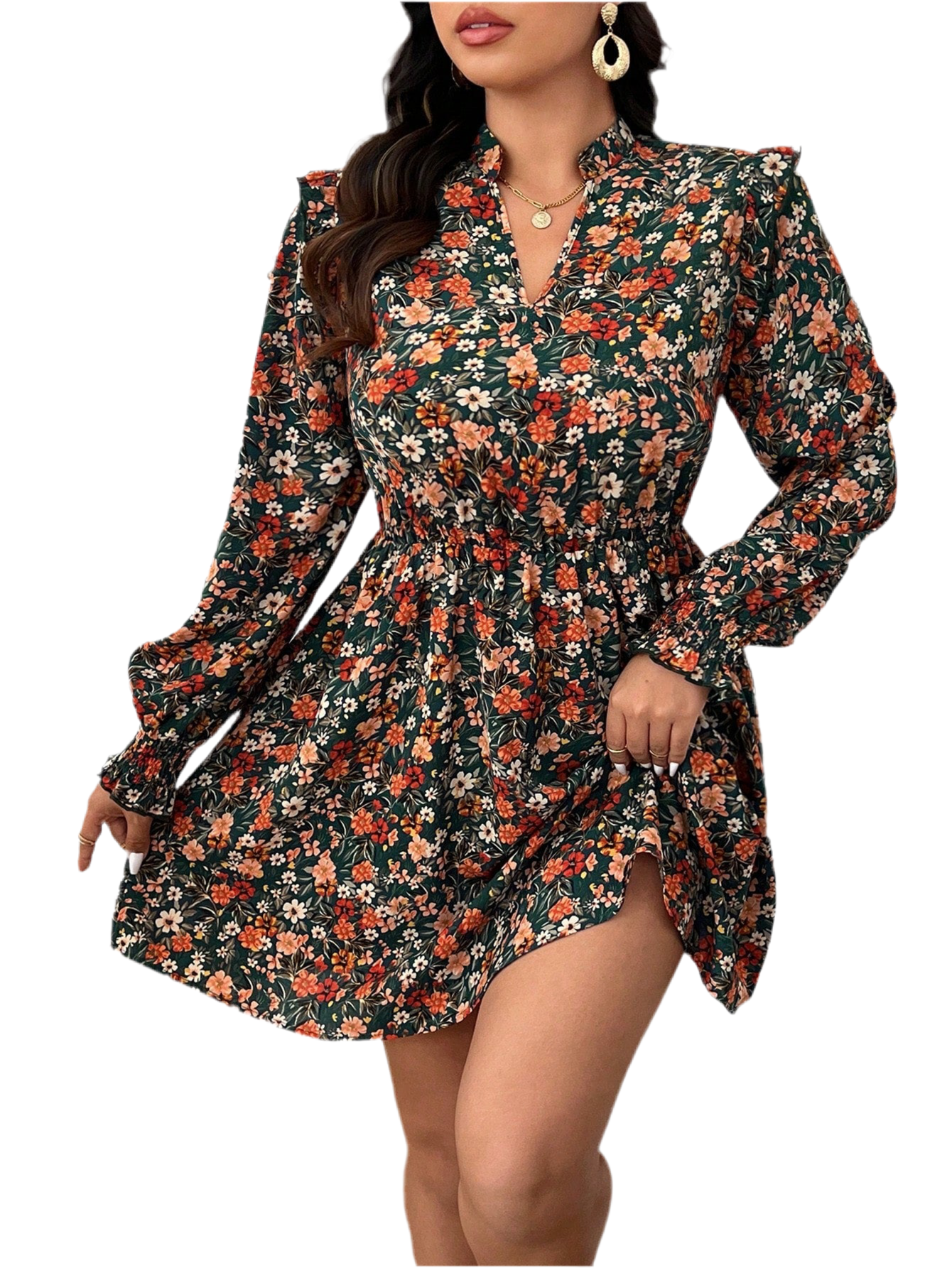 Plus Size Women’s Floral Notch Neck Dress – Elegant Long Sleeve Casual Wear for Spring, Summer & Fall