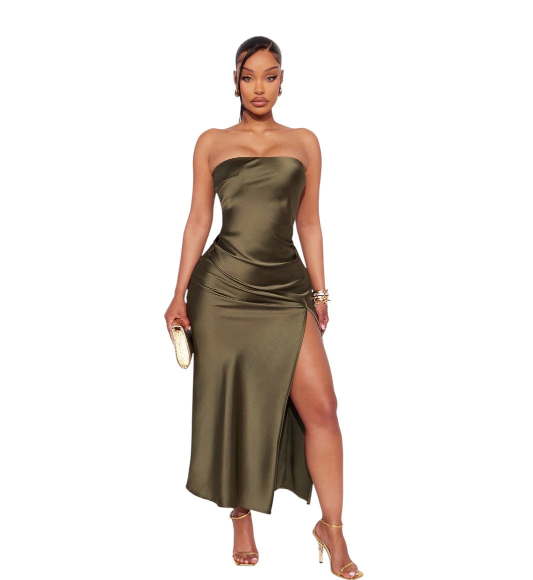 Arlette Tube Satin Maxi Dress Olive