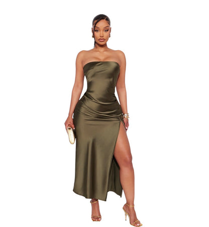 Arlette Tube Satin Maxi Dress Olive