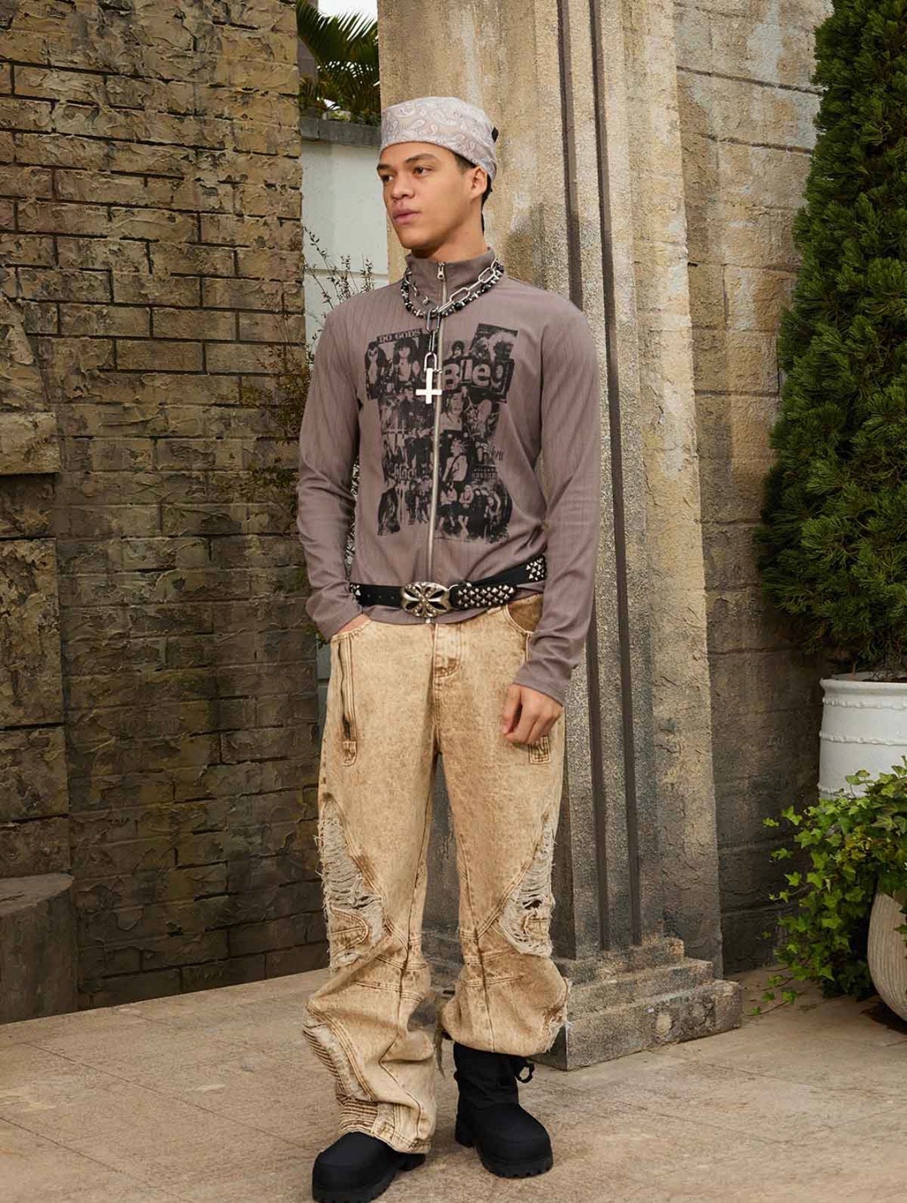 DISTRESSED RAW-EDGE PANEL SCULPTED WIDE-LEG JEANS