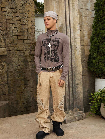 DISTRESSED RAW-EDGE PANEL SCULPTED WIDE-LEG JEANS