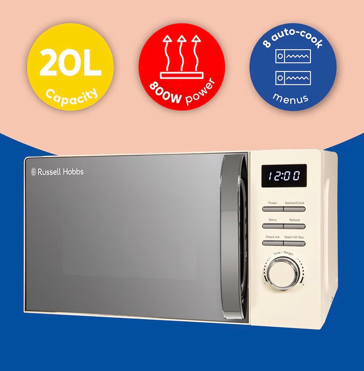 Russell Hobbs Digital Microwave 20L 800W in Cream with 5 Power Levels, Pull Handle Door & Button Control, Clock & Timer, Automatic Defrost, Easy Clean, 8 Auto Cook Menus RHMD818C