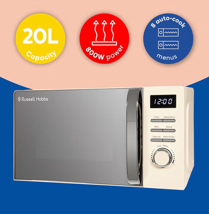 Russell Hobbs Digital Microwave 20L 800W in Cream with 5 Power Levels, Pull Handle Door & Button Control, Clock & Timer, Automatic Defrost, Easy Clean, 8 Auto Cook Menus RHMD818C