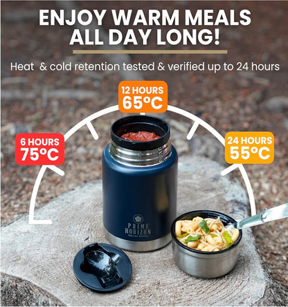 Prime Horizon Food Flask - 500ml Stainless Steel Vacuum Double Wall Jar with Folding Spoon, Leakproof and BPA Free. Free Insulated Travel Bag with Carabiner and Gift Box