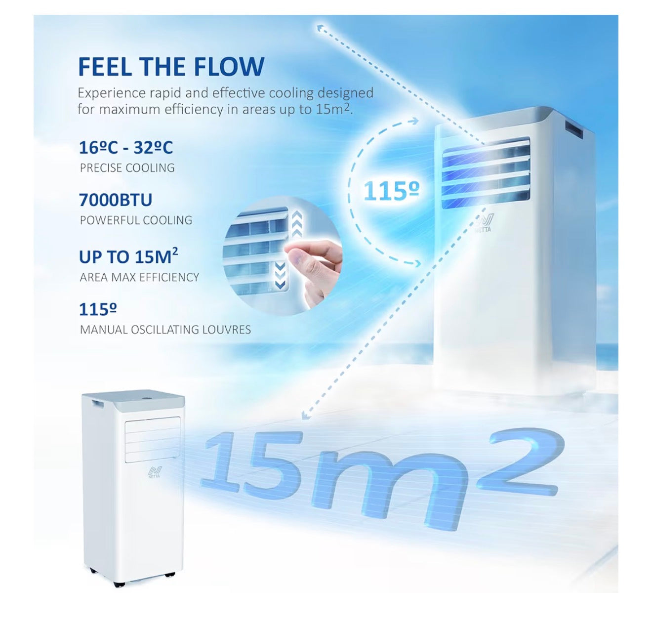 NETTA Portable Air Conditioner 7000 BTU - 3 in 1 Air Conditioning Unit with Dehumidifier & Cooling Fan - 24H Timer, Remote & LED Touch Control - Portable Conditioner for Bedroom, Home & Office - White