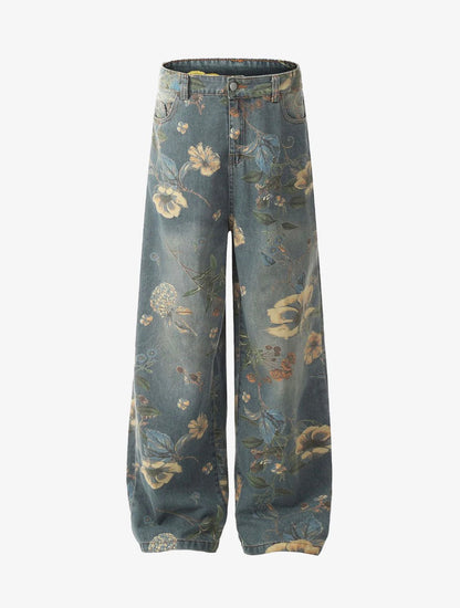 DENIM FLORAL PRINT CARPENTER JEANS