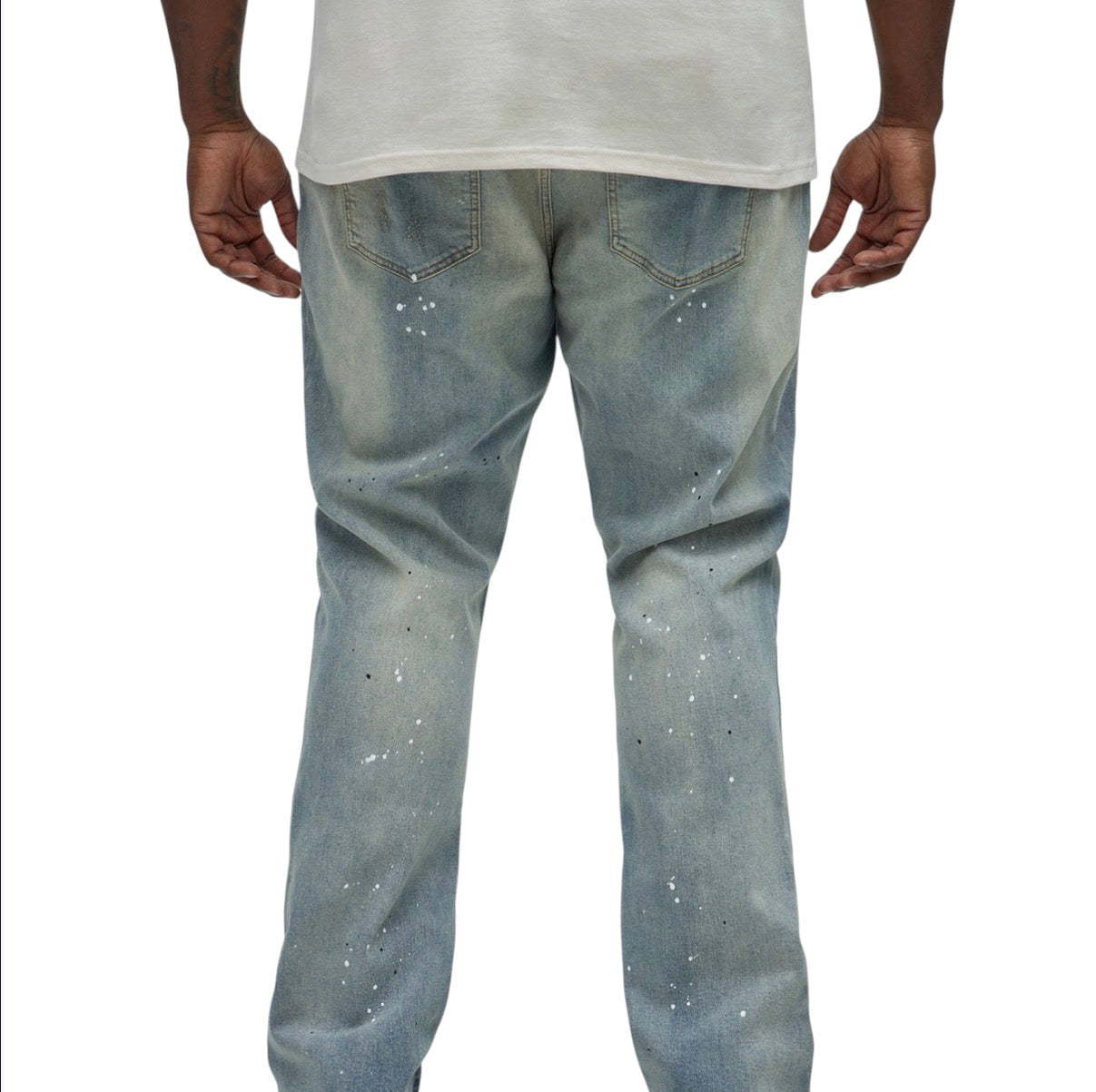 Ripped Bleach Splatter Stacked Slim Flare Jeans Light Blue Wash