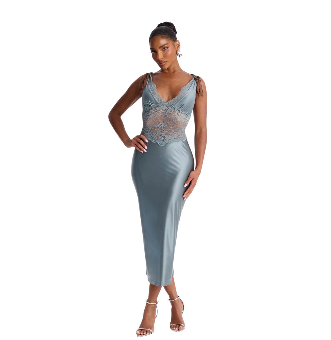 Alina Lace Satin Midi Dress Blue