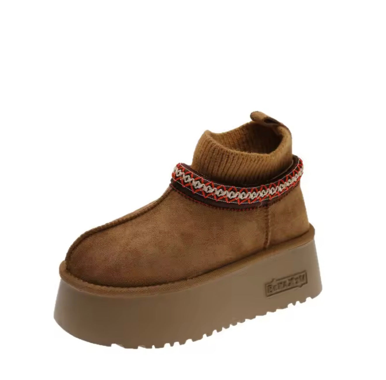 Women’s Warm Knitted Snow Boots Leather Retro Thick Heel Winter Boots NZ354