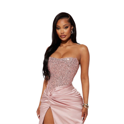 Clara Sequin Satin Gown Pink