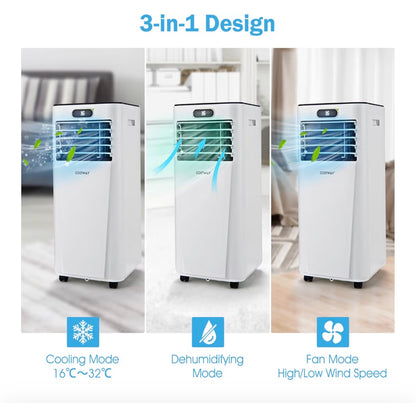 9000BTU Portable Air Conditioner, 4 in 1 Mobile Cooler, Dehumidifier, Fan with Sleep Mode, LED & Front Display, Remote Control, 2 Speeds, 24H Timer & Adapter