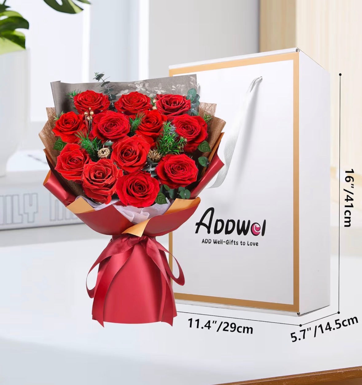ADDWel 12 Forever Real Roses Bouquet, Fresh Flowers Delivery, Eternal Rose Gifts for Women, Wife, Girlfriend& Mum on Christmas, Valentine's Day, Anniversary& Mother's Day